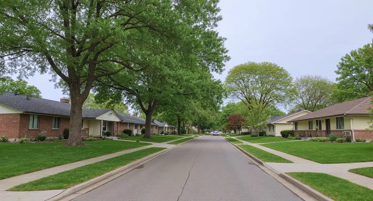 Independence residential street showing diverse pre-1940 and postwar housing in Jackson County, Missouri on Wymore-Ladoga clay — including stone rubble, block, and early poured concrete foundation types